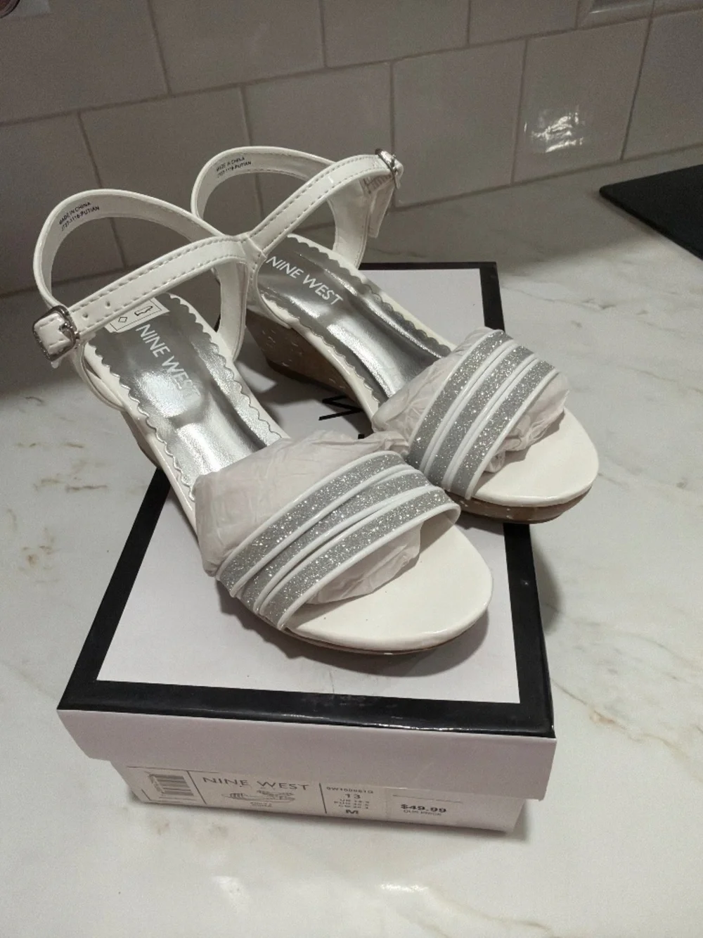 Nine West Girls 13 Emily 2 White wedge sandal with silver glitter. New in box
